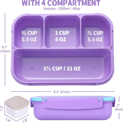 Bento Box Adult Lunch Box, Lunch Containers for Kids Girls Boys with 4 Compartments, Lunchable Food Container with Utensils, Sauce Jar, Muffin Liners, 40 Oz/5 Cup, Microwave Safe, Lavender