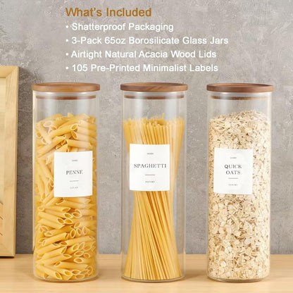 2 Pack Glass Rice Containers with Acacia Wood Lids, 70oz Airtight Flour and Sugar Jars with 105 Labels, Large Glass Pantry Storage Jars for Cereal, Protein Powder, Cookies, Dry Food