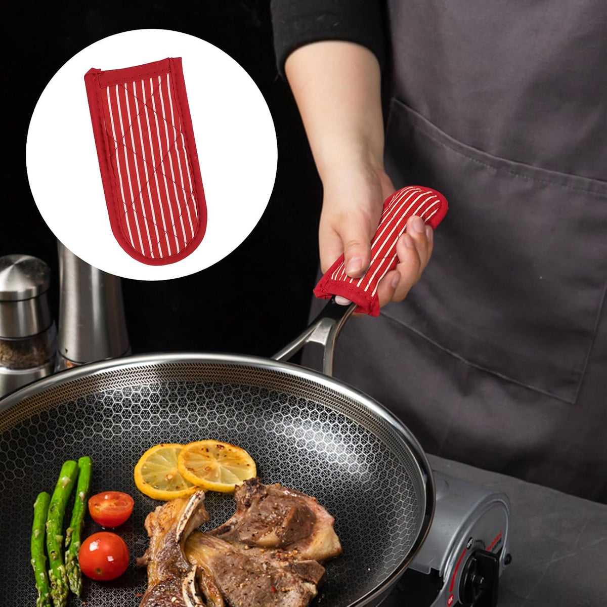 ZUFECY 2-Pack Cotton Handle Covers, Heat Resistant Pot Handle Sleeves, Black and Red Striped Design for Cast Iron Skillets and Pans