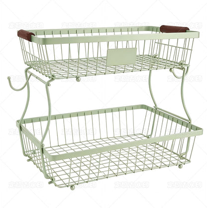 2-Tier Stackable Wire Basket with 2 Banana Hooks, Pantry Organizer for Kitchen Countertops, Cabinets & Under-Sink Spaces; Ideal for Storing Snacks, Fruits, Veggies, Onions, Potatoes, & More,Black