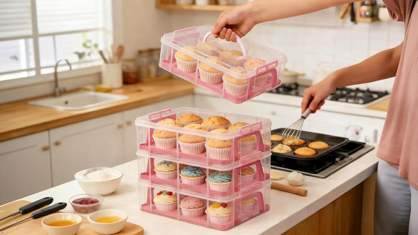 Cupcake Carrier Stackable Storage Container Collapsible Cake Carrier with Lid and Handle, with 50 PCS Cupcake liners,Reusable Plastic Dessert Travel Container,Transport Box (48 Cupcakes White)