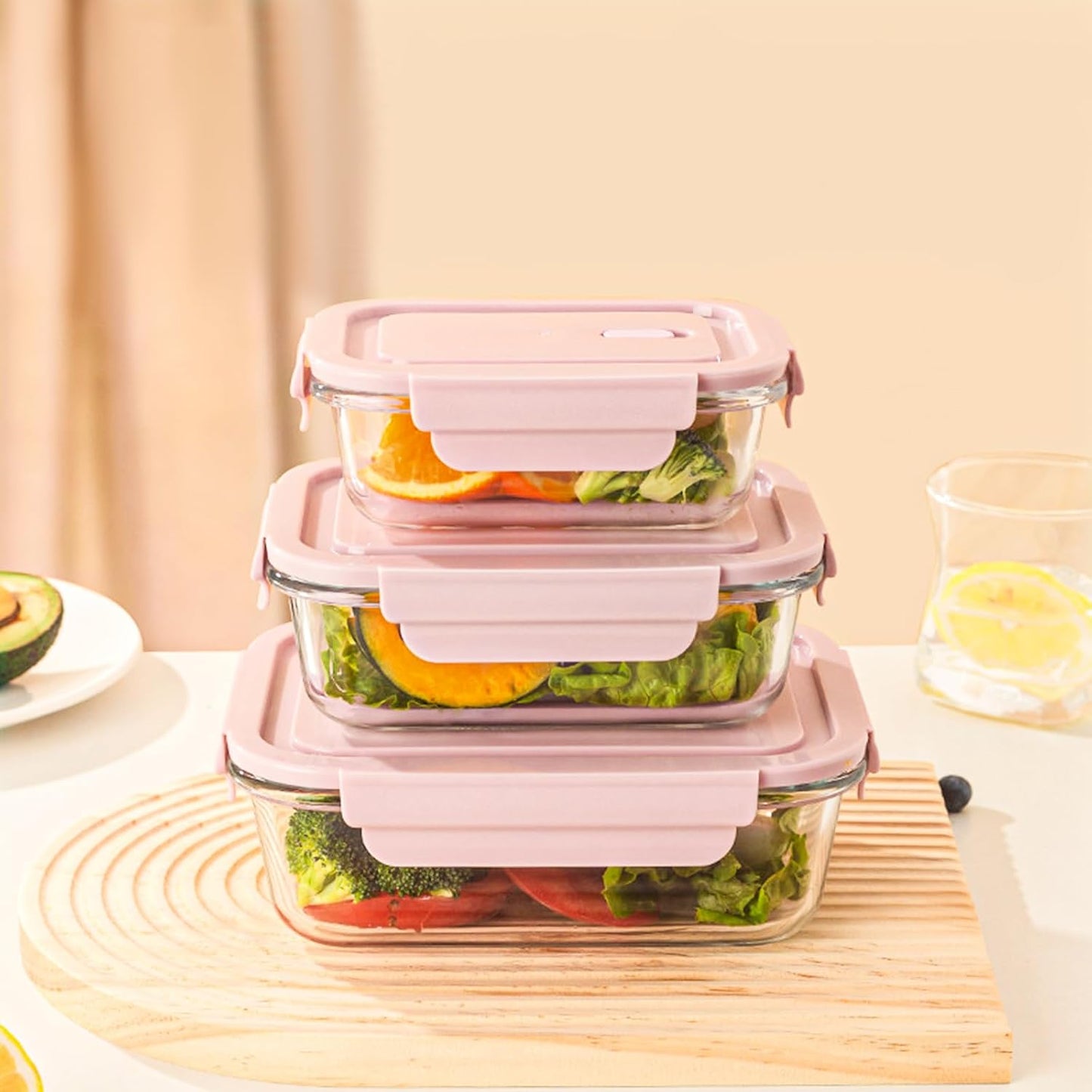 6 Pieces Rectangle Glass Food Storage Containers with Lids, Meal Prep Containers for Food Storage, BPA Free & Leak Proof (3 lids & 3 Containers) 13.9oz, 24oz, 35oz (Pink)