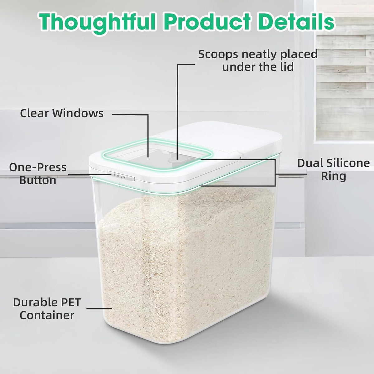 TBMax Large Airtight Food Container 5.28 Qt with Pop Up Lid & Measuring Cup, Ideal for 10 Lbs of Rice or 7 Lbs of Flour, Square Short Food Storage Bin for Kitchen Pantry and Drawer Organization