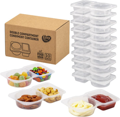 10 Sets Double Compartment Condiment Containers with Lid, Small Plastic Clear Container for Sauce Snack Refrigeration Outdoor Takeaway, Food Grade BPA-Free