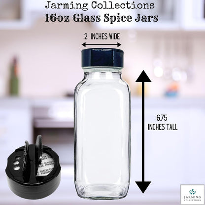 JARMING COLLECTIONS 16oz Glass Spice Shakers with Lids – Large Seasoning Containers with Shaker Tops for Kitchen, Pantry & Herb Storage