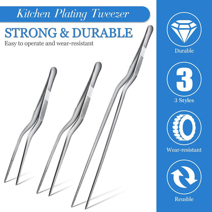 Chumia 3 Pcs Cooking Tweezers Tongs 3 Size Kitchen Stainless Steel Plating Tweezer Set Small Food Handling Tools 6'' 8'' & 12 Inch Flexible Pinching and Non-slip for BBQ Plating Serving