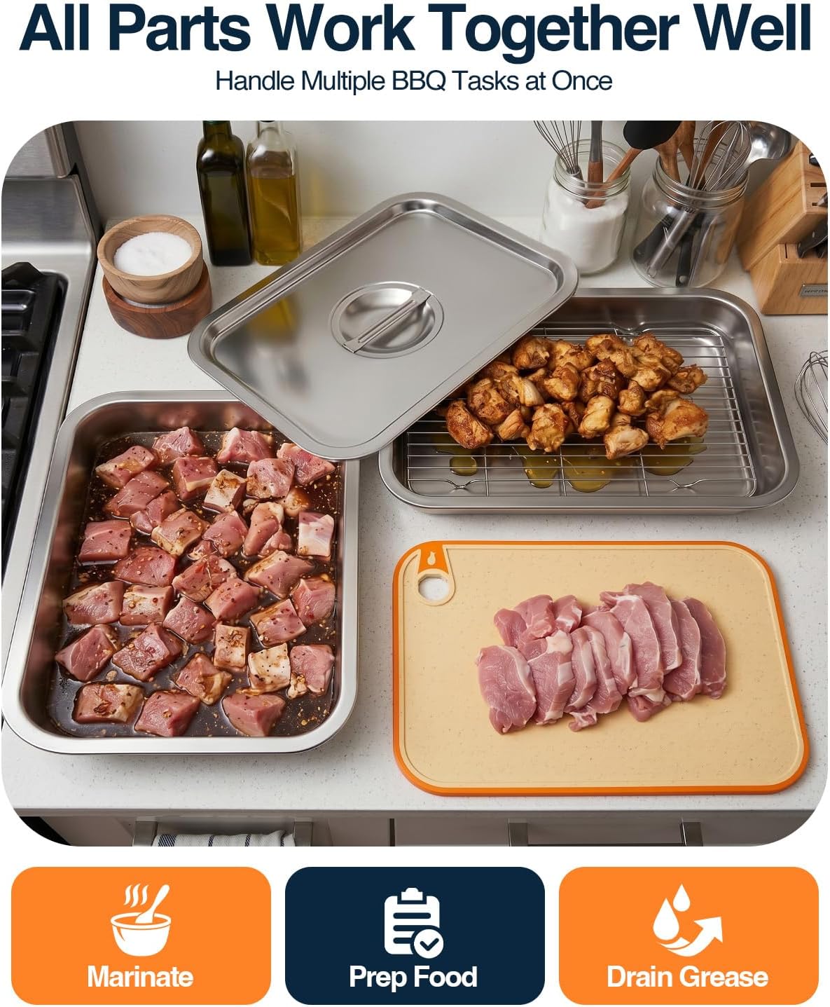 5 in 1 Grill Prep Tray and Carry System, Large Grilling Prep and Serve Trays with Lid and Cutting Board, Deep Meat Marinating Container as BBQ Grilling Gift, Home Series, L