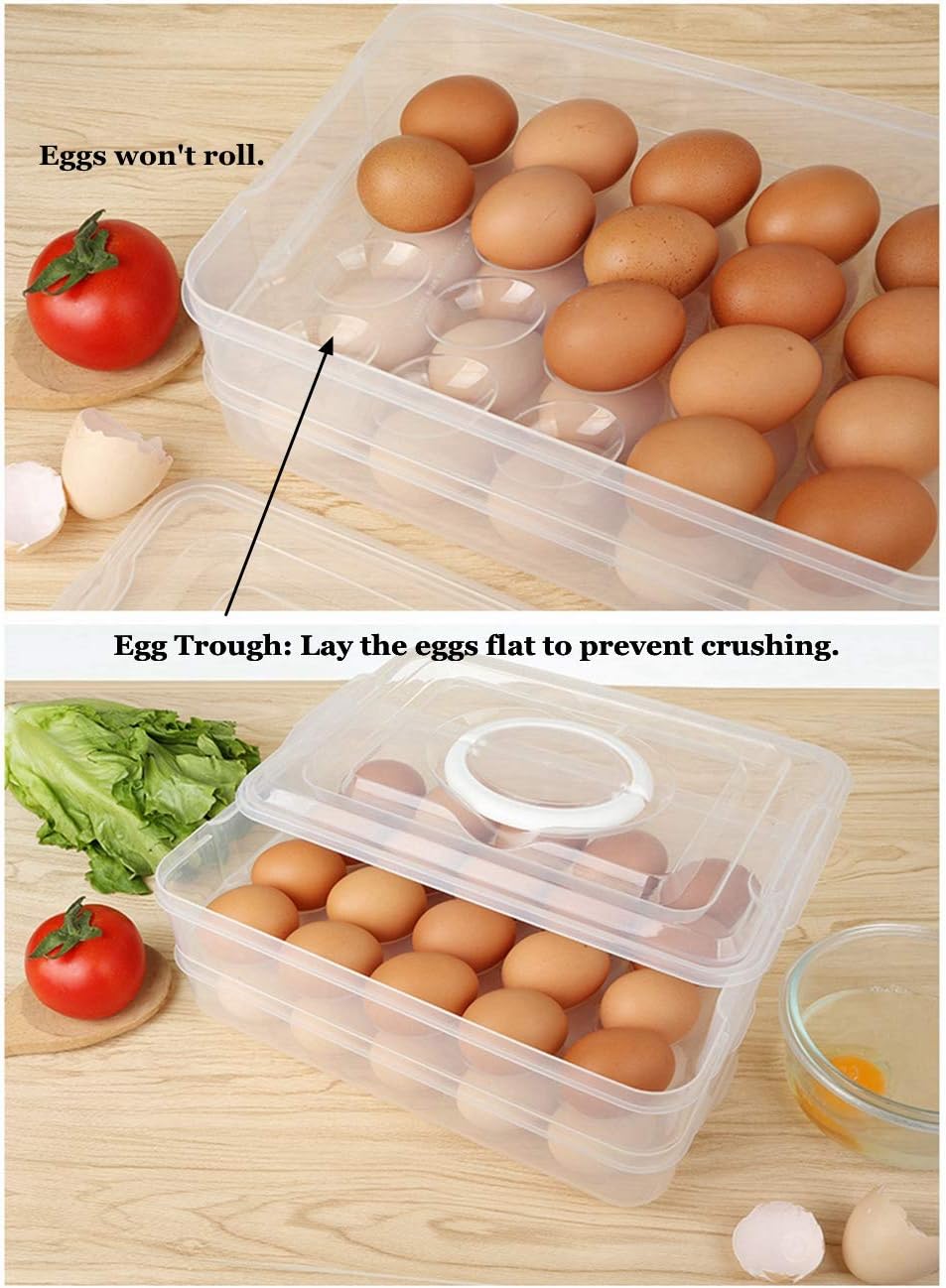 Deviled Egg Tray with Lid, 2-Layer, Stackable Egg Carrier Holder for Refrigerator, Camping Food Storage Container with Handle, Large, 40 eggs(transparent)