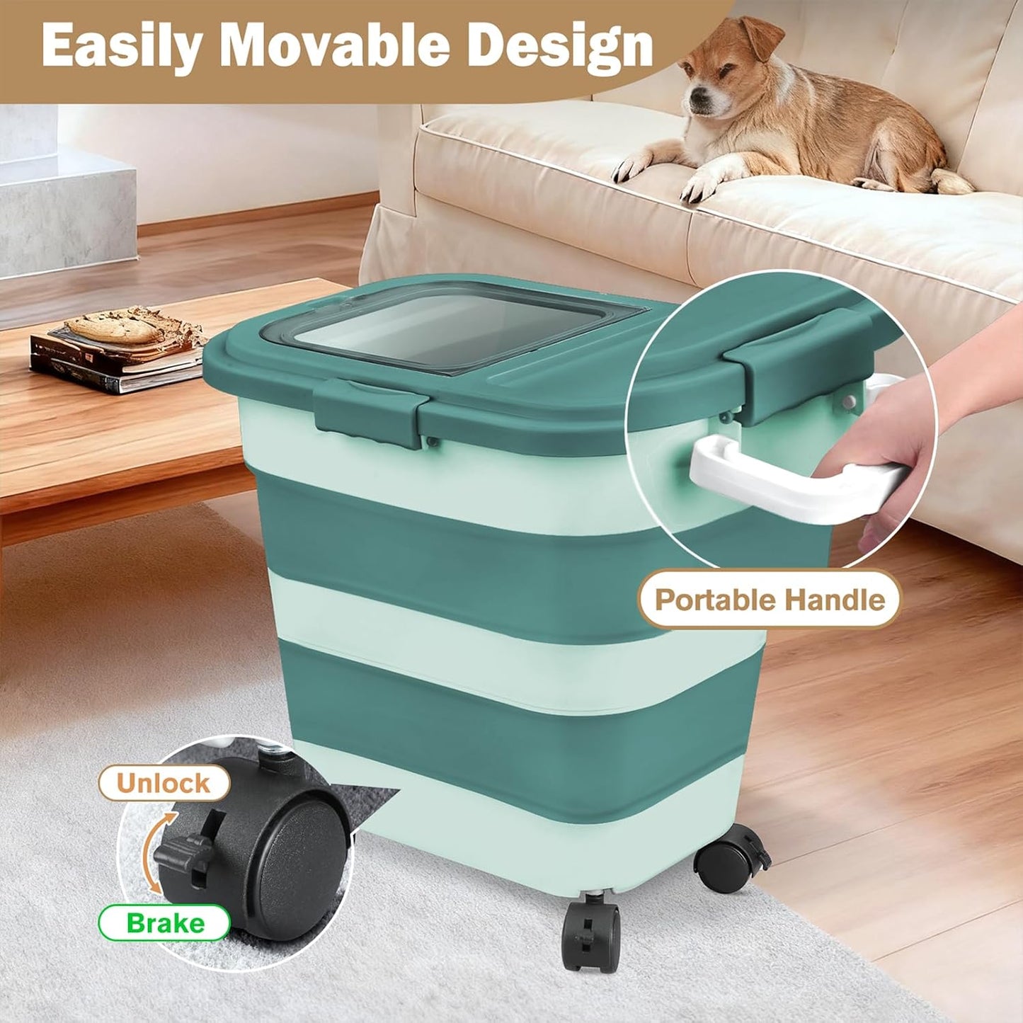 Komzon Rice Storage Container, Collapsible Airtight 10-40 Lb Rice Storage Container, 25lb Pet Dog Food Storage Container, Rice Dispenser Bin with Cup and Scoop for Flour Cereal Pasta Grain, Cat Bird