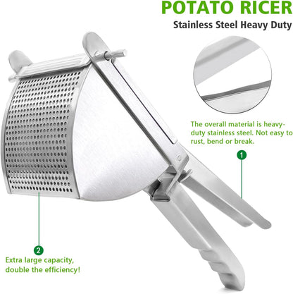 LHS Heavy Duty Potato Ricer and Masher, Stainless Steel Potato Masher, Business Fruit Masher and Food Press for Commercial and Home Use, 2 Sides Holes