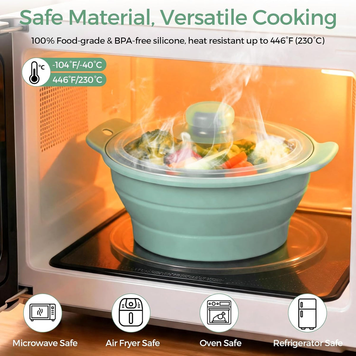 FUNKYLEE 42oz Collapsible Silicone Microwave Steamer for Vegetables, Green