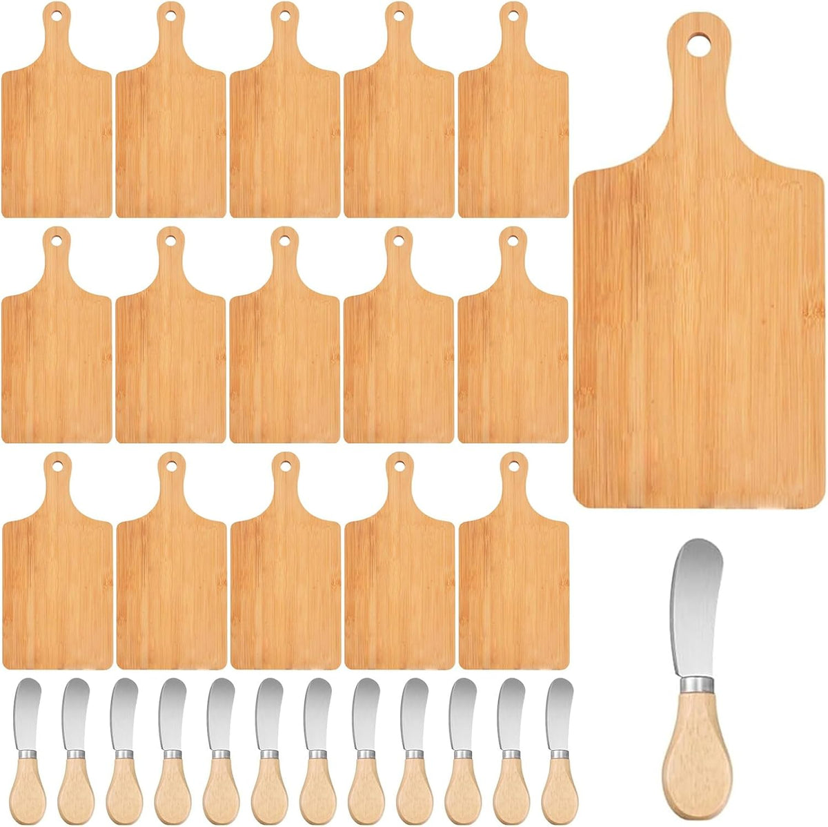 24 Pcs Bamboo Cutting Board Set with 24 Pcs Cheese Knives, 11" x 5" Individual Charcuterie Boards, Blank Laser Engraving Boards & Butter Knives Bulk Set, Perfect for Kitchen, Gifts, Home Decor
