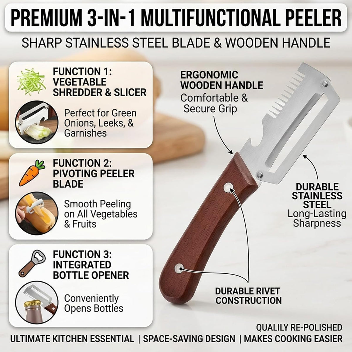 New Utilira Shredder, Multifunctional Vegetable Julienne Peeler, Kitchen Multi-Function Stainless Steel Thickened Fruit Peeler Knife, With Built-In Bottle Opener For Peeling Fruits, Vegetables(2PCS)
