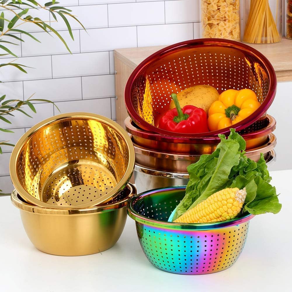 DOCBLACK Colander, 3Pcs Stainless Steel Kitchen Tool 3 in 1 Drain Basket Fruit and Vegetable Cutter Strainer Bowl Set Drain Pot Basket Grater for Fruits Vegetables Rice Washing Mixing - Gold