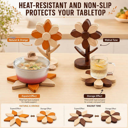 Sunflower Trivets for Hot Dishes, 5Pc Wooden Tree Trivet Stand Set