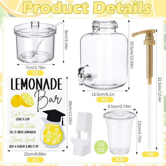 Jingmore 43 Pcs 2026 Graduation Freshly Lemonade Stand Complete Accessories Kit Lemon Bar Sign Class of 2026 Jar Drink Station Glass Beverage Dispenser Plastic Cup Jam Pump Head Party Decorations