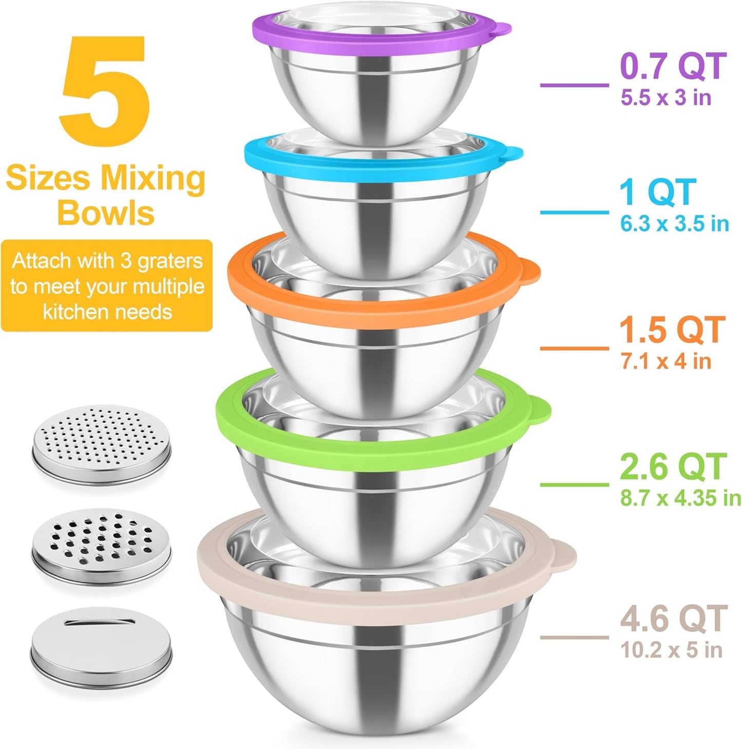 TeamFar Mixing Bowls, Stainless Steel Salad Serving Bowl with Clear Lids & 3 Graters, For Kitchen Cooking Prepping Storing, Size 4.6/2.6/1.5/1/0.7 QT, Nesting & Airtight, Set of 5 & Khaki