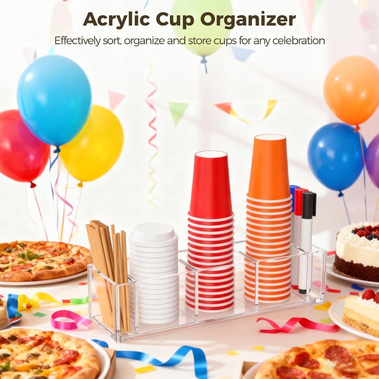Acrylic Cup Organizer with 5 Compartments, 14.72 x 4.33 x 3.54 in Clear Party Cup Dispenser, Disposable Coffee Cup Holder with 2 Small Marker & Straw Slots, Drink Station Caddy