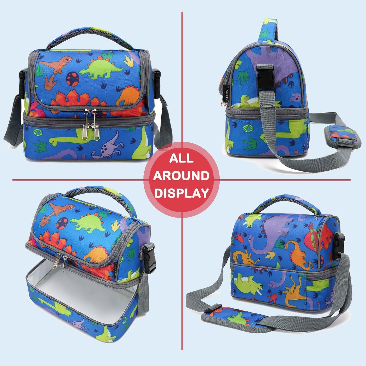 FlowFly Kids Double Decker Cooler Insulated Lunch Bag Large Tote for Boys, Girls, Men, Women, With Adjustable Strap, Unicorn