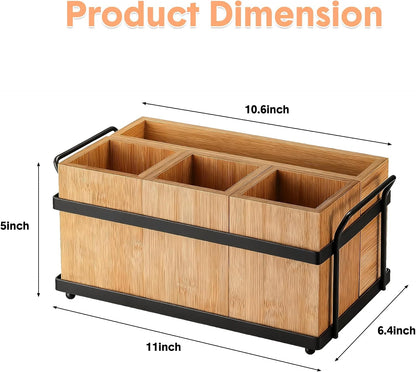 Silverware Caddy Wood Utensil Holder 4-in-1 Bamboo Utensil Caddy with Removable Divider Portable Kitchen & Dining Organizer for Forks, Napkins, Plates, BBQ, Picnic, Camping Countertop Organizing