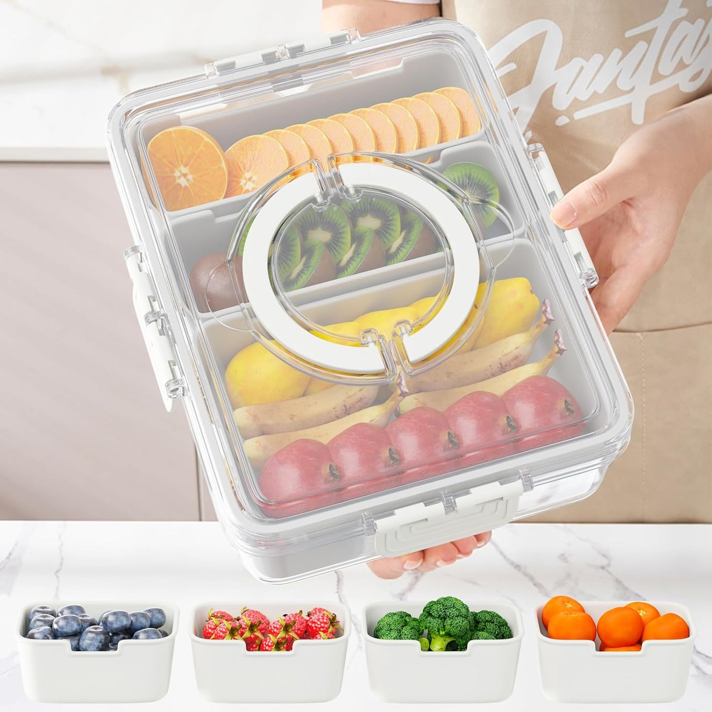 Snackle Box Container,Divided Serving Tray with Lid and Handle,7 Portable Compartment Travel Snack Box for Candy Fruits Nuts Veggie for Road Trip Party Picnic