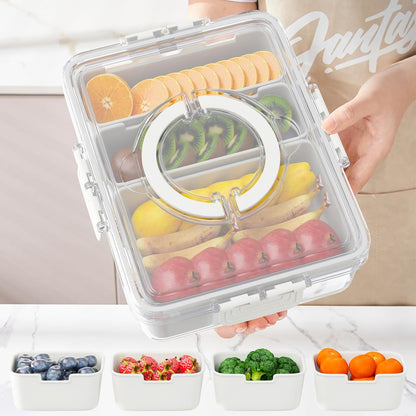 Snackle Box Container,Divided Serving Tray with Lid and Handle,7 Portable Compartment Travel Snack Box for Candy Fruits Nuts Veggie for Road Trip Party Picnic