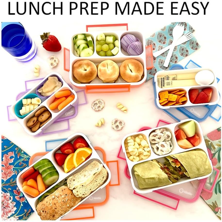 Bento Lunch Box Kids & Adults, Lunch and Snack Containers for Boys & Girls with 3 Compartments - School, Work Daycare, Meal Planning Portion Control Container, BPA-Free Boxes, Utensils, Blue 1 pack