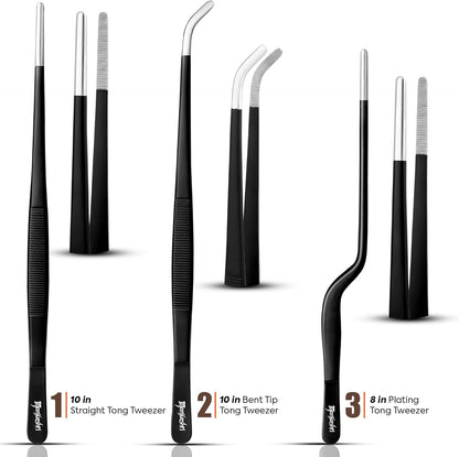 Manjushri Professional Chef Tweezer Tongs Scissors Pin Bone Pliers Cooking Baking Set (Black)