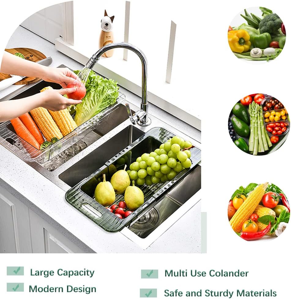 Over the Sink Colander Strainer Basket, Expandable Multifunctional Plastic Colander, Adjustable Drainer Basket, Wash Vegetables and Fruits, Drain Cooked Pasta and Dry Dishes - Green