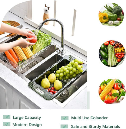 Over the Sink Colander Strainer Basket, Expandable Multifunctional Plastic Colander, Adjustable Drainer Basket, Wash Vegetables and Fruits, Drain Cooked Pasta and Dry Dishes - Green