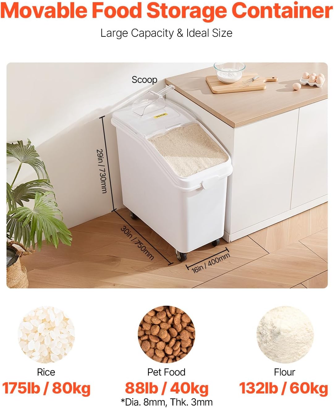 VEVOR 27 Gallon food storage containers 500 Cup Ingredient Bin with Scoop and Sliding Lid Commercial Food Container Ideal for rice storage, dog food container, flour, and sugar containers, White