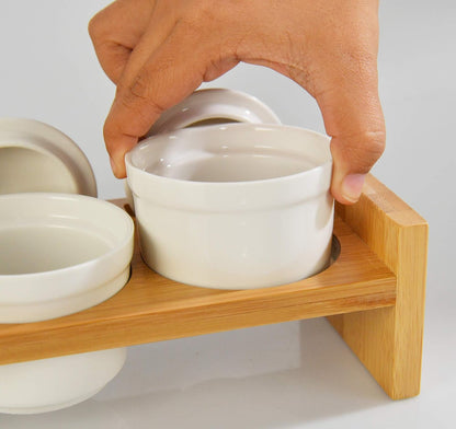 Home-X Bamboo and Ceramic Condiment Tray - Ideal Serving Dish for Hosting Entertaining, Party Essential, Taco Bar, Includes Dip Bowls, Spoons, Lids and Serving Platter, Salsa, Chips, Veggies, Fruits