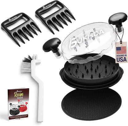 Premium 10" Chicken Shredder Tool with Twist Handle & Meat Claws, Heavy Duty Meat Shredder for Chicken Breast, Beef & Mutton, BPA-Free, Non-Slip Base Mat, Ergonomic Grip, Cleaning Brush & Clear Lid