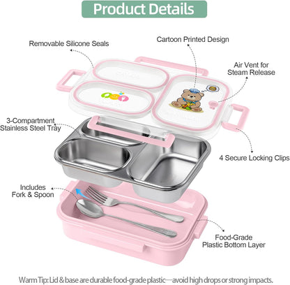 Stainless Steel Bento Lunch Box for Kids, 26.4 oz Leak-Proof 3-Compartment Metal Bento Box, BPA-Free, Cute Cartoon Meal Prep Snack Container with Utensils for School, Office, Travel - Pink