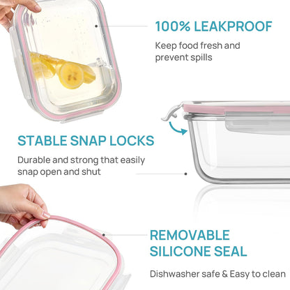 Vtopmart 2Pack 1860ml/63oz Large Glass Storage Containers with Lids, Meal Prep Food Container Set with Snap Airtight Lid for Baking, Microwave, Oven, Leak Proof, for Freezer, Dishwasher, Grey