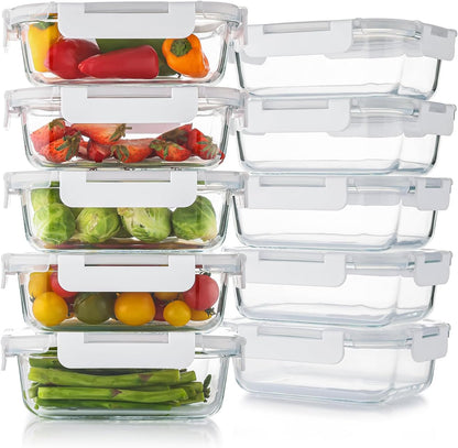 Cuiselect 10 Pack 22 Oz Glass Meal Prep Containers with Lids, Reusable Glass Food Storage Containers with Lids, Leak Proof, Microwave, Oven, Freezer and Dishwasher Safe (White)
