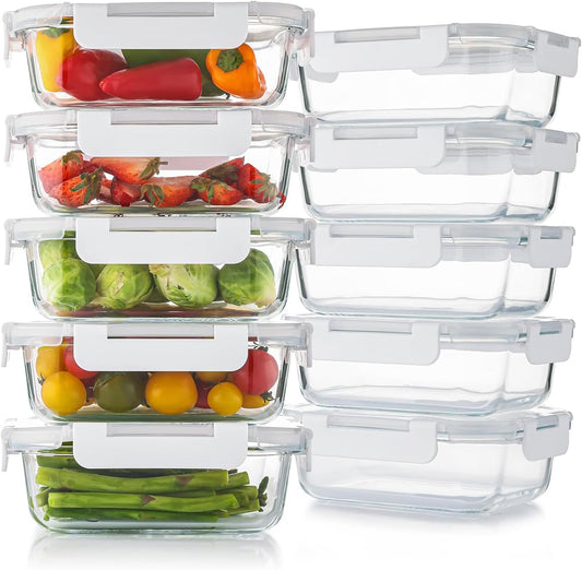 Cuiselect 10 Pack 22 Oz Glass Meal Prep Containers with Lids, Reusable Glass Food Storage Containers with Lids, Leak Proof, Microwave, Oven, Freezer and Dishwasher Safe (White)