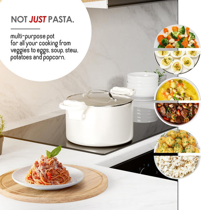 Eatex Pasta Pot with Strainer Lid - 5 Quart Multipurpose Stock Simmer Spaghetti with Strainer - Twist & Lock Handles, Nonstick Ceramic Stainless Steel Tempered Glass Black