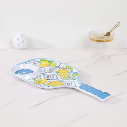 UPware Flamingo Melamine Chip and Dip Snack Tray, Tropical Floral Pickleball Paddle Shape Platter for Chips, Salsa, Fruits, and Appetizers, 15.75 x 8 Inch