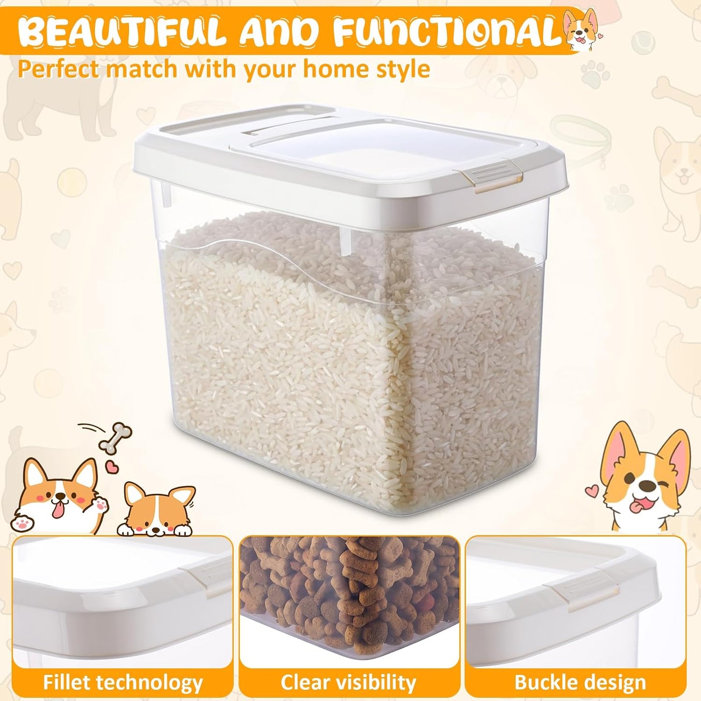 2 Pack Airtight Dog Food Storage Container, 27.6 Lbs Clear Pet Food Storage Bin with 2 Measuring Scoops for Pet Dog Cat Grain Rice Treat