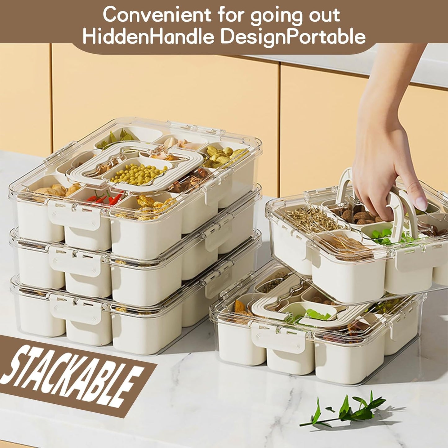 Snackle Box Container, Portable 9 Compartments Divided Serving Tray with Lid and Handle, Clear Snack Box, Stackable Snack Platters Organizer for Fruits, Candies, Vegetables, Nuts-1 Pack