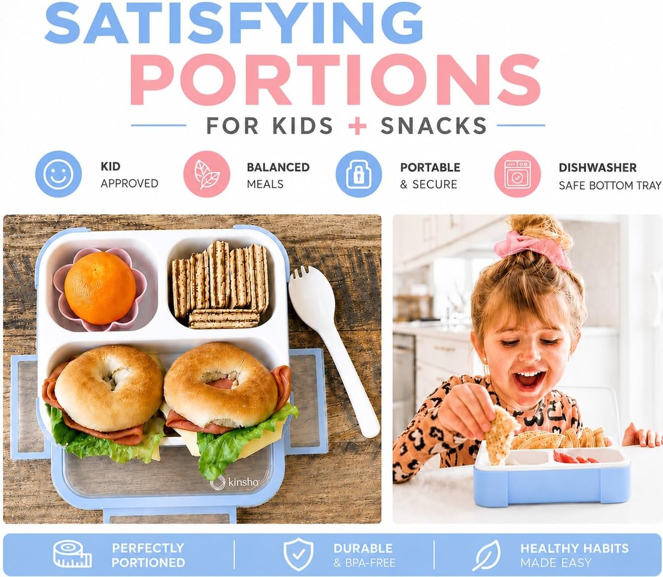 kinsho Medium Bento Boxes for Kids, Lunch Box for Boys Girls Toddler Adults, Leak-Proof 3 Compartment Containers for Meal or Snack at School Daycare Work Travel, BPA Free 2 Pack (Pastel Blue + Pink)