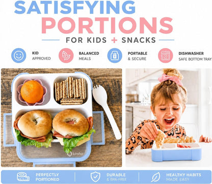 kinsho Medium Bento Boxes for Kids, Lunch Box for Boys Girls Toddler Adults, Leak-Proof 3 Compartment Containers for Meal or Snack at School Daycare Work Travel, BPA Free 2 Pack (Pastel Blue + Pink)
