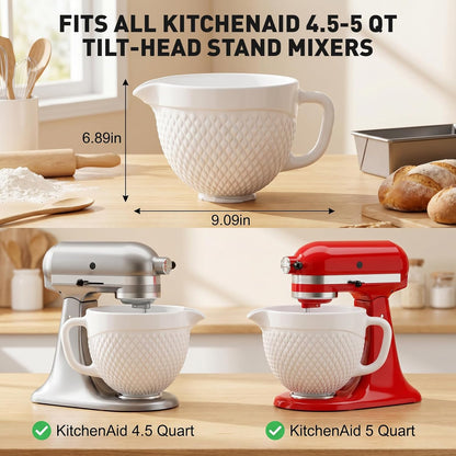 Cofun Ceramic Mixer Bowl for KitchenAid, Compatible with All KitchenAid 4.5-5 Qt Tilt-Head Stand Mixers, Mixing Bowl with Handle & Pour Spout, Oven/Microwave/Dishwasher Safe