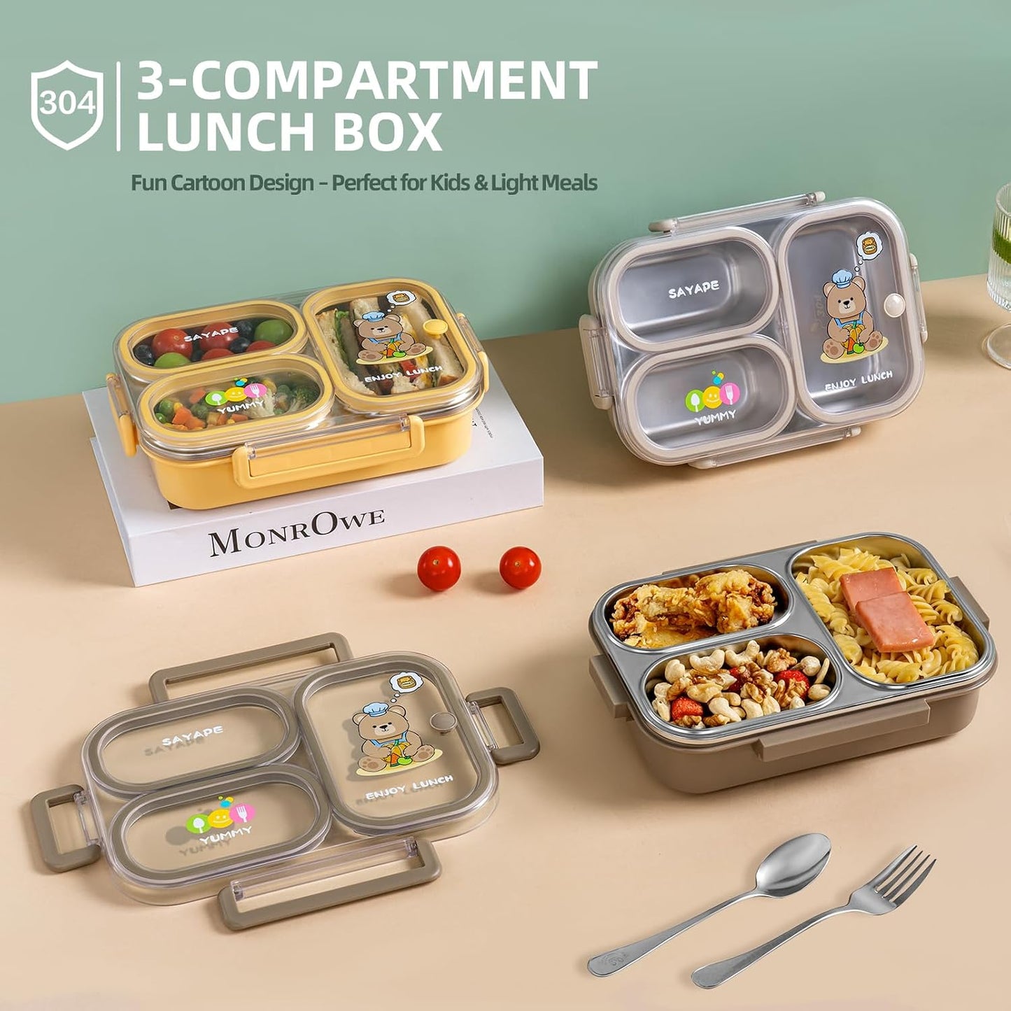 SAYAPE Stainless Steel Bento Lunch Box for Kids, 26.4 oz Leak-Proof 3-Compartment Metal Bento Box, BPA-Free, Cute Cartoon Meal Prep Snack Container with Utensils for School, Office, Travel - Beige