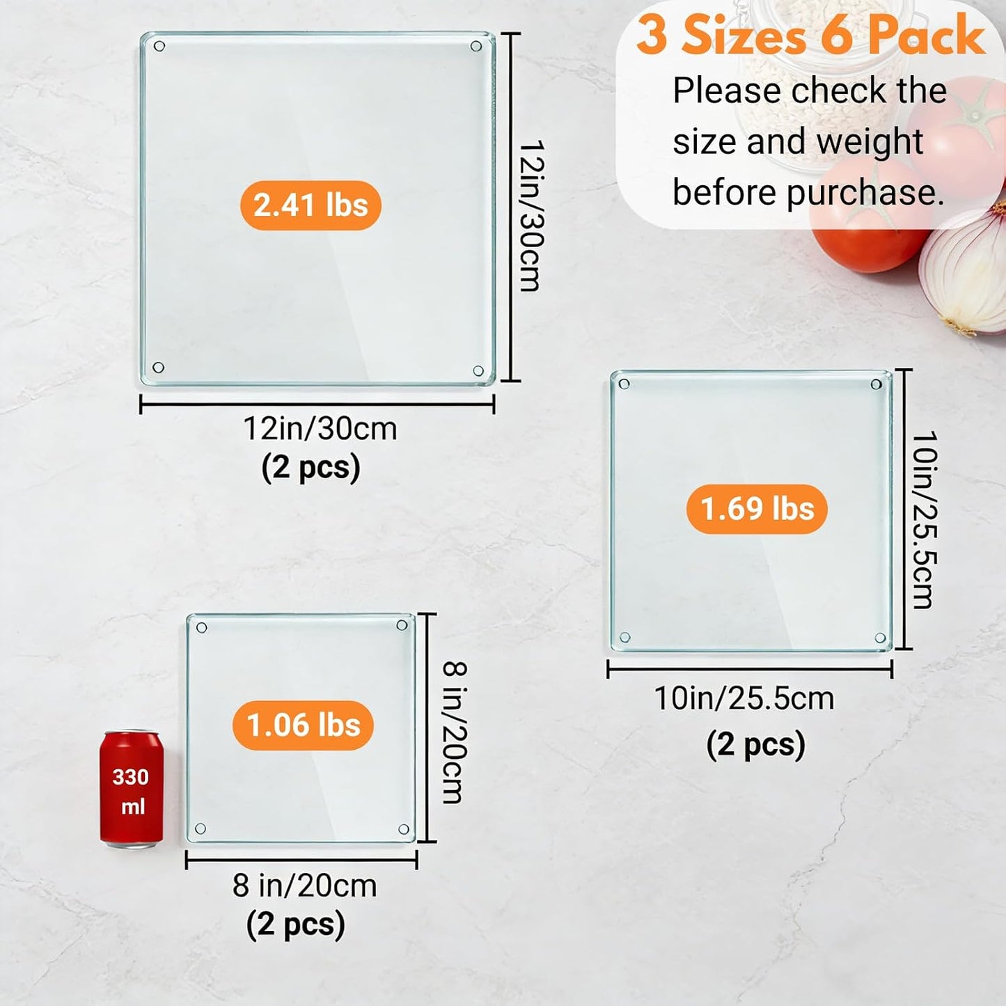 Hacaroa 4 Pack Tempered Glass Cutting Board with Rubber Feet, Rectangle Non-slip Chopping Board, Long Lasting Clear Glass Tray for Kitchen Countertop, Table, Shatter-Resistant, Heat-Resistant, 2 Size