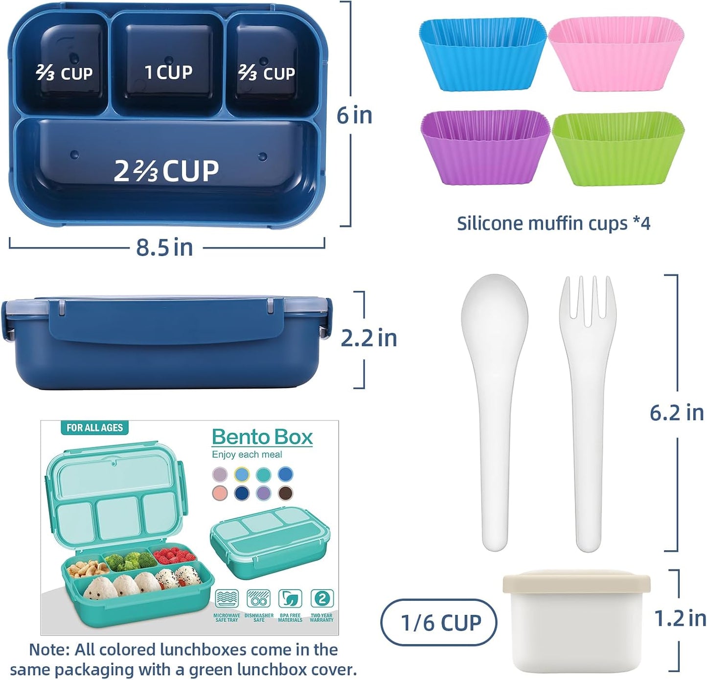 QQKO Bento Lunch Box for Kids Girls Boys, Toddler Kids Lunch Boxes for School, Lunch Containers for Adults with 4 Compartments, Sauce Container, Utensils, Food Picks and Muffin Cups, Purple