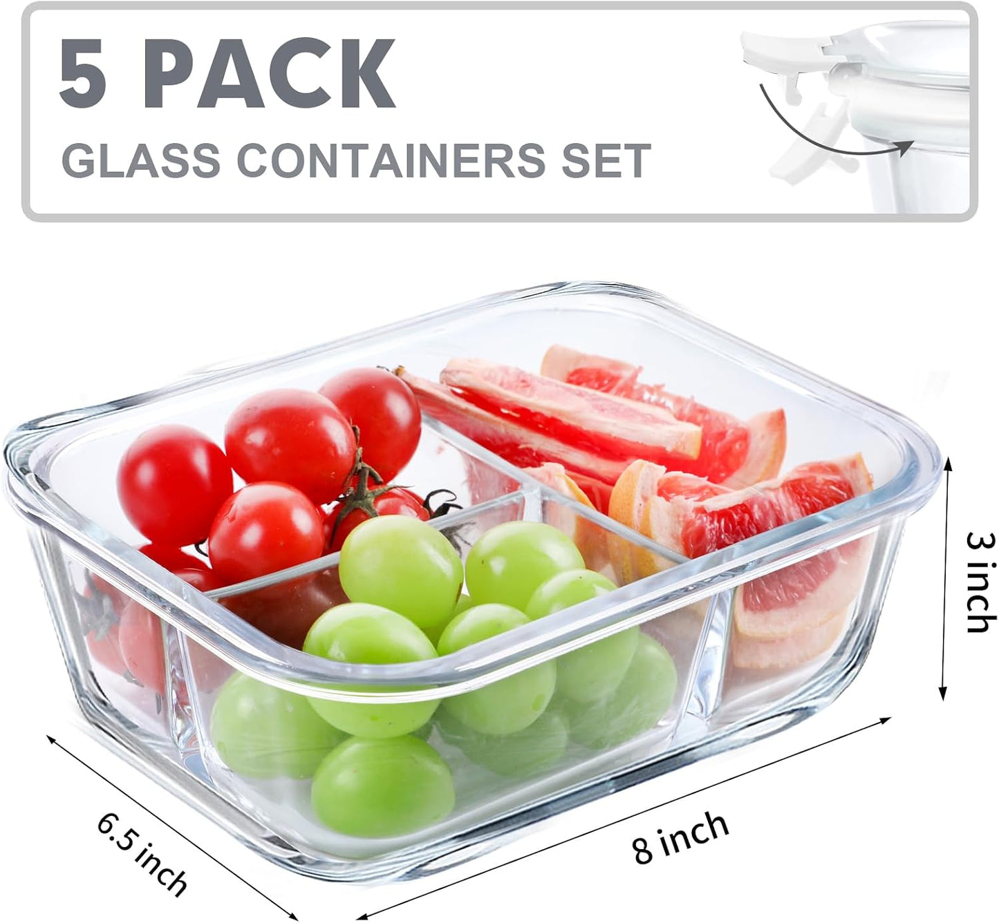 VERONES 5 Pack Glass Meal Prep Containers 3 Compartment Set, 36OZ Airtight Glass Lunch Containers, Glass Food Storage Containers with Lids, for Microwave, Oven, Freezer & Dishwasher Friendly,Green