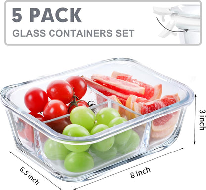 VERONES 5 Pack Glass Meal Prep Containers 3 Compartment Set, 36OZ Airtight Glass Lunch Containers, Glass Food Storage Containers with Lids, for Microwave, Oven, Freezer & Dishwasher Friendly,Green
