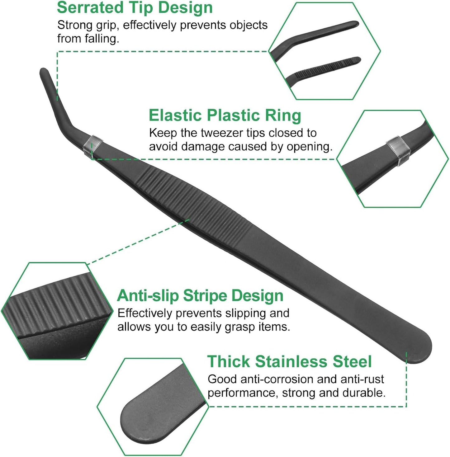 HARFINGTON Stainless Steel Tweezers 4.9 Inch Precision Tweezers with Curved Serrated Tip Multi-Purpose Kitchen Tongs for Cooking Gardening Repairing Craft, Black
